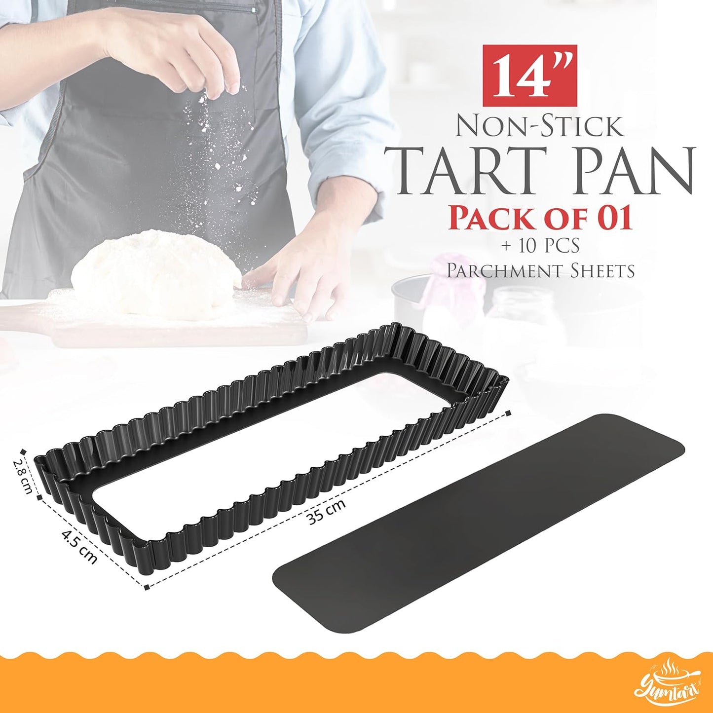 14 Inch Rectangular Tart Pan with Removable Bottom - Non-Stick, Deep Fluted for Tarts, Quiches, and Pies