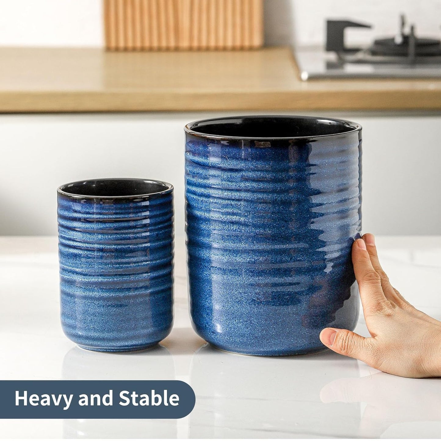 Hasense Utensil Holder, 7.4” + 5.4” Ceramic Cooking Utensil Crock for Kitchen Counter, 2 Pack Utensil Caddy Utensil Organizer for Spatula and Spoon Kitchen Decor, Navy Blue