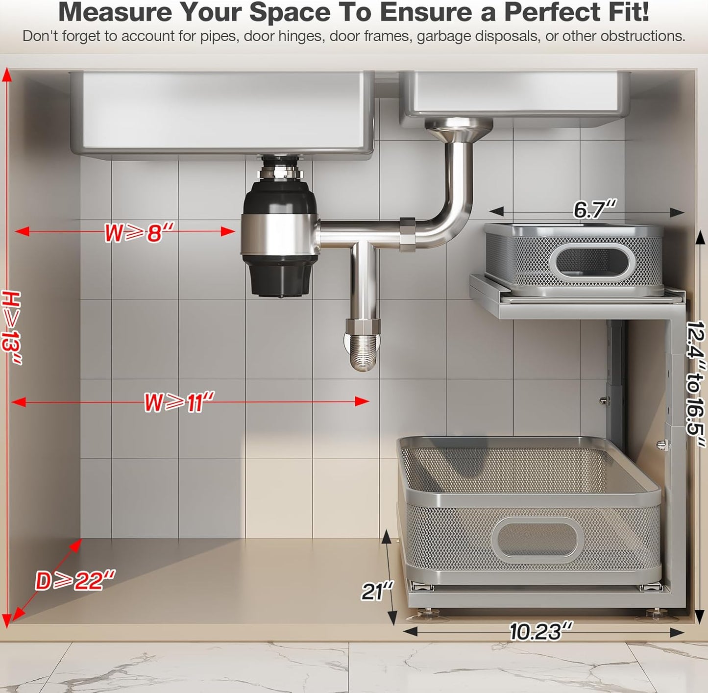 2 Pack 21IN-Depth Under Sink Organizer With Next-Gen Ball-Bearing Slides,2-Tier Precision Mesh Pull Out Cabinet Storage for Bathroom&Kitchen,Height Adjustable Drawers Shelf,Anti-rust-Grey