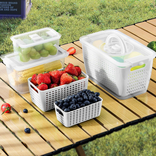 LUXEAR Produce containers for fridge,3 Set Fruit Containers with Removable Colander, BPA-Free Produce Saver Containers with Lids Dishwasher&Microwave Safe Keep Fruits, Vegetables, Berry, Fresh Longer