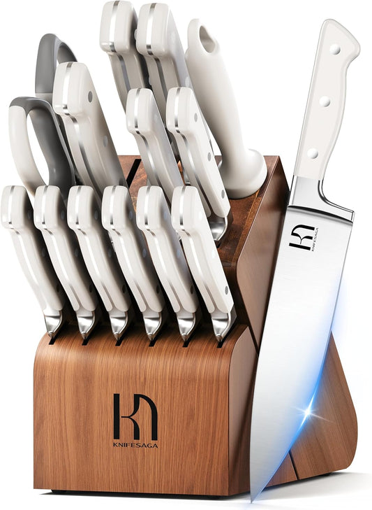 Knife Set, 15 Pcs Kitchen Knife Block Set, Enduring Razor-Sharp Japanese High Carbon Stainless Steel Chef Knife Set with Block and Sharpener, Premium Knives Set for Kitchen, White Acacia