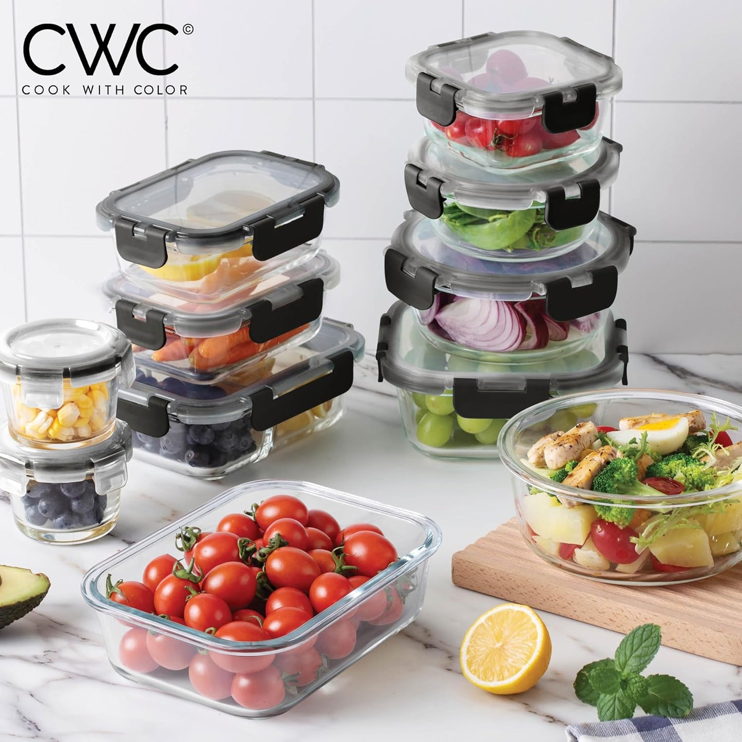 COOK WITH COLOR Premium 32-Pc. Borosilicate Glass Food Container Set with Dividers - 4 Rectangles, 8 Rounds, 4 Squares - Leakproof Lids - Meal Prep, Storage, Ombre Black