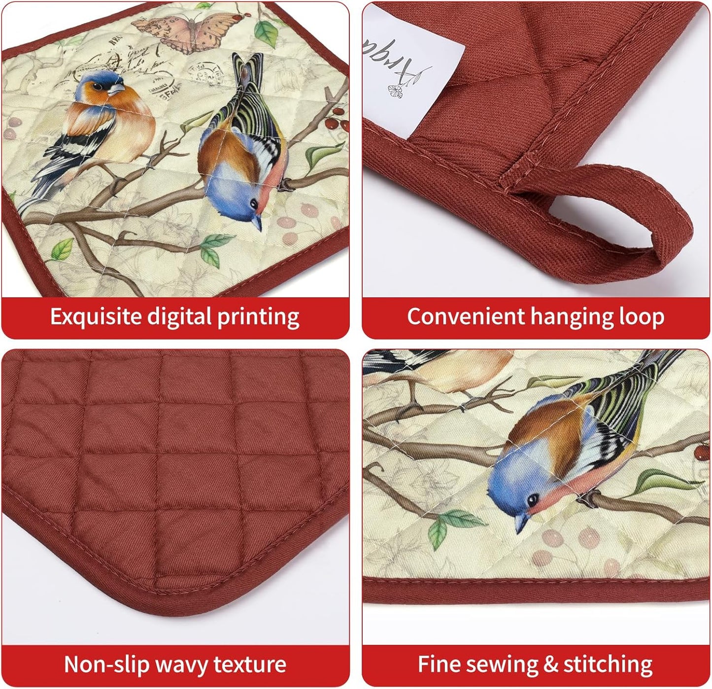 Vintage Bird Oven Mitts and Pot Holders Sets 2Pcs, 100% Cotton Heat Resistant, Extra Long Oven Gloves Potholder for Kitchen Cooking Baking Decoration