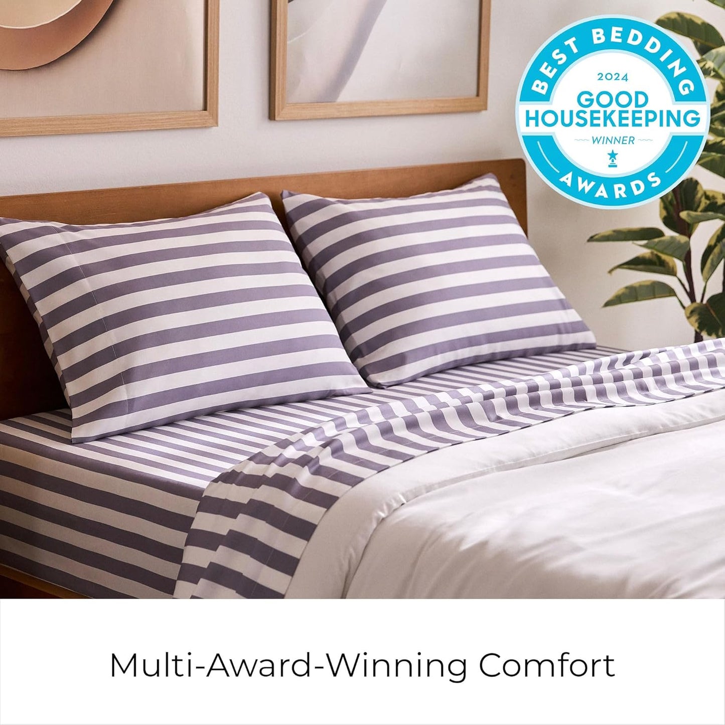 Mellanni Full Sheets Set - 4 PC Iconic Collection Bedding - Hotel Luxury, Extra Soft, Cooling Bed Sheets - Wrinkle, Fade, Stain Resistant (Full, Oxford Stripe Hazy Lilac)
