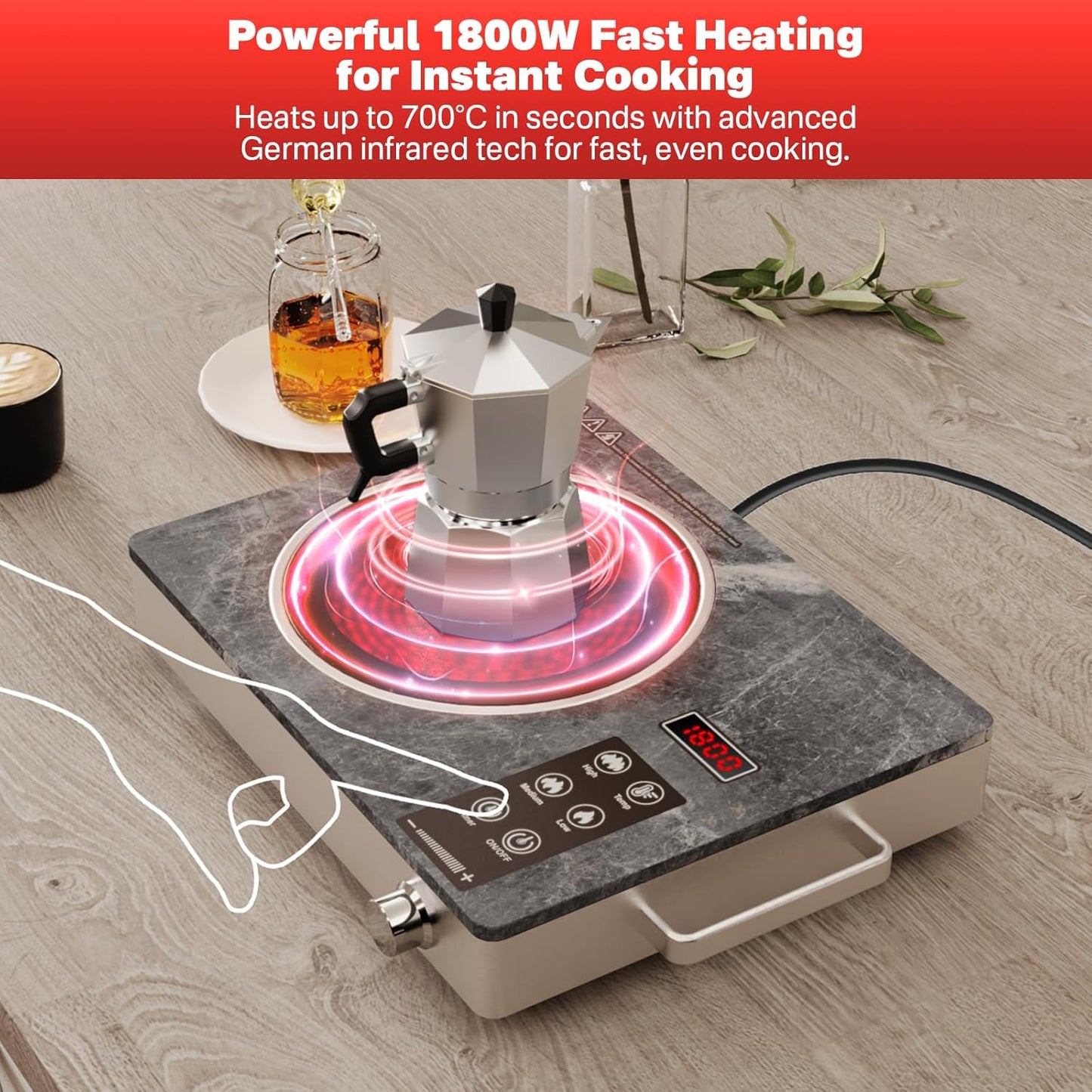 1800W Electric Infrared Stove, Single Burner Electric Cooktop, Portable Countertop Burner for Cooking, Plug in Kitchen Hot Plate, Temperature Adjustable Compact Hob Camping Stoves