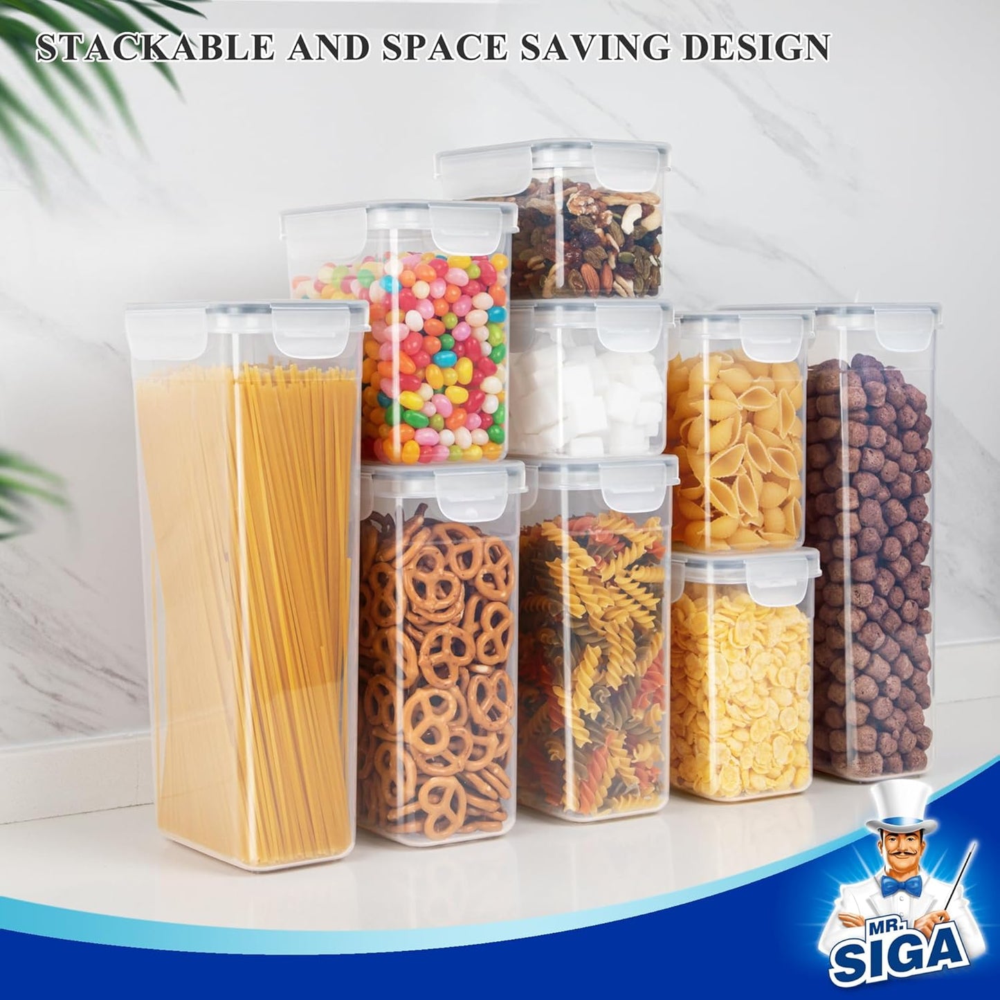 MR.SIGA 12 Pack Airtight Food Storage Container Set, BPA Free Kitchen Pantry Organization, Kitchen Canisters for Cereal, Spaghetti, includes 16 Reusable Sticker Labels