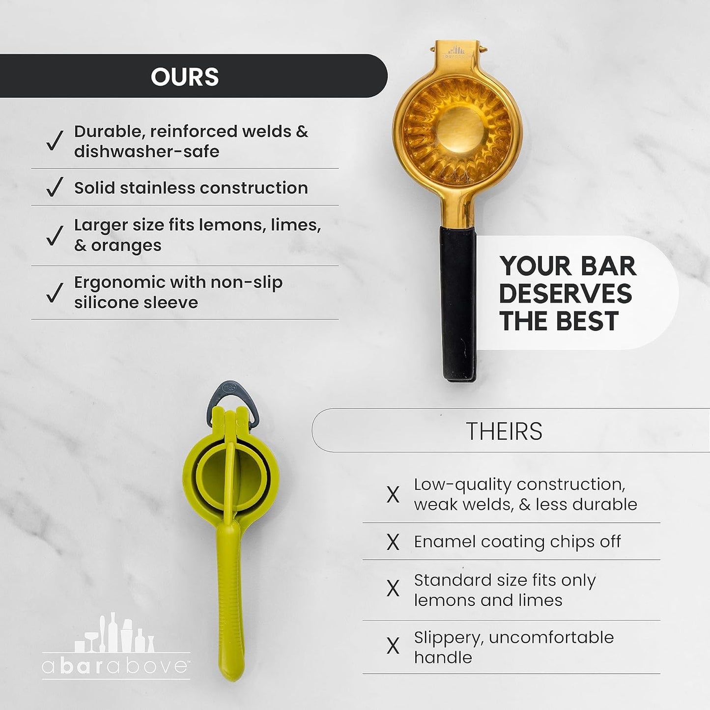 A Bar Above Stainless Steel Hand Juicer, Heavy Duty Citrus Press for Cocktails, Fruit Juice Squeezer for Lemons, Limes, and Oranges, Manual Juicer for Bartenders, Home Bars, and Mixology Kits