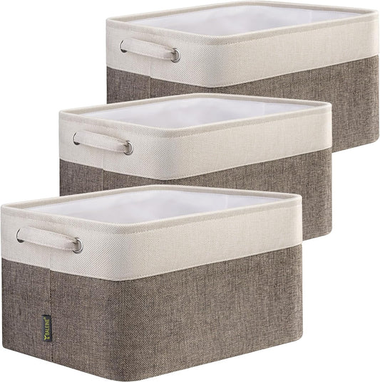 BALEINE 3 Pack Fabric Storage Bins for Shelves, Linen Storage Baskets for Organizing, Decorative Closet Bins for Clothes, Home (Brown, 12"x8"x8")