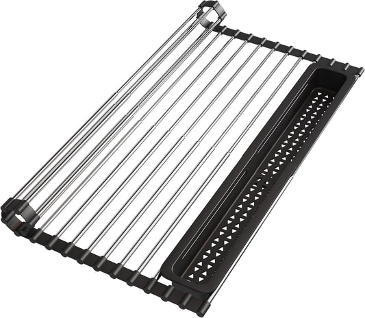 JASIWAY Roll Up Dish Drying Rack, Expandable (12.8"-23.8" D x 12.8" W) Stainless Steel Portable Over The Sink Dish Drainer for Kitchen Sink Counter, Foldable Sink Cover with Removable Utensil Holder