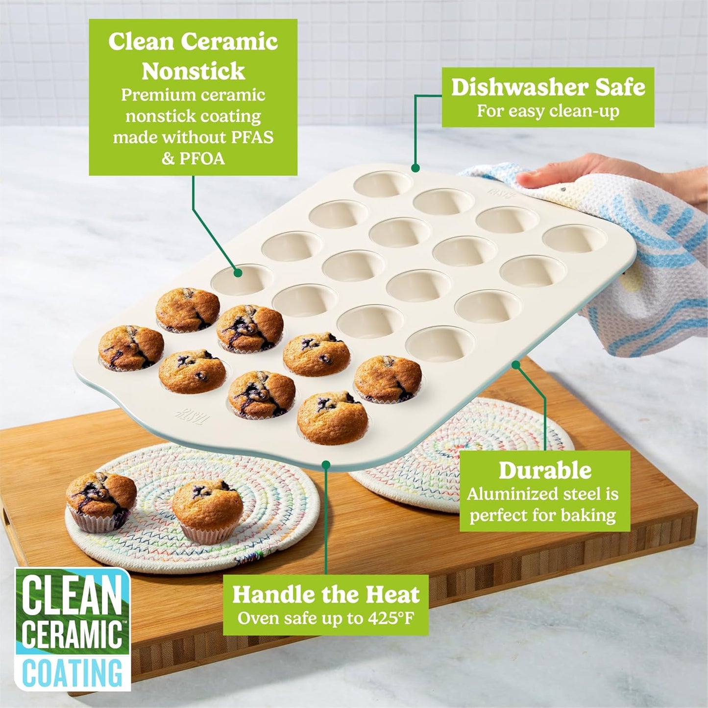 Tasty Clean Ceramic 24-Cup Mini Muffin Pan, Durable Aluminized Steel for Professional Results, Clean Ceramic Nonstick Coating, Oven Safe to 425°F, Dishwasher Safe, Aqua