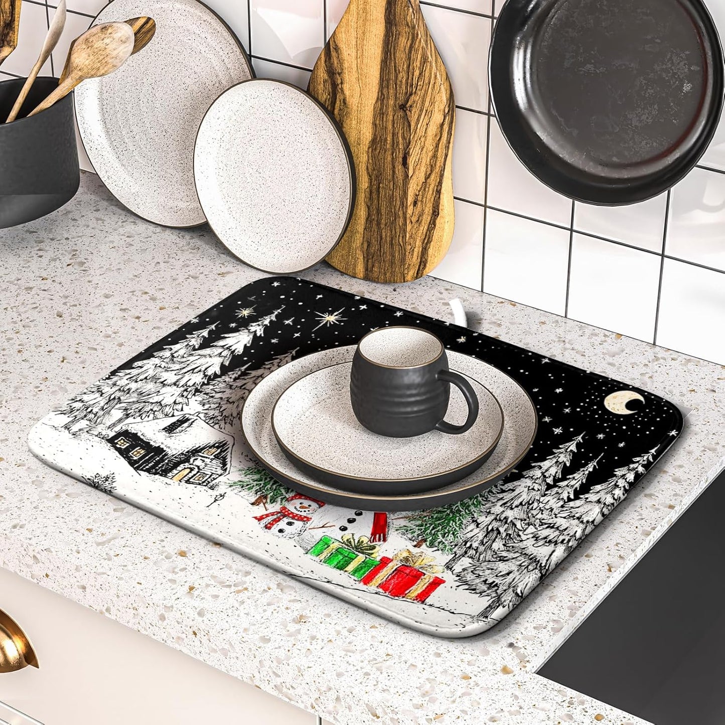 Winter Snowman Dish Drying Mat 18 X 16 in Black Microfiber Dish Pad Absorbent Holiday Kitchen Accessories