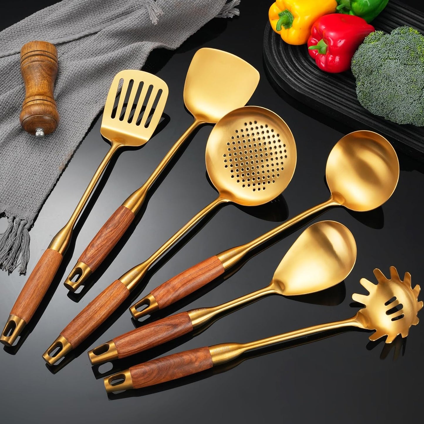 Gold Kitchen Utensils Set with Wooden Handle, 6 PCS Professional Cooking Utensils Set, Wok Spatula, Ladle, Skimmer, Slotted Spatula Turner, Spaghetti Spoon, Large Spoon