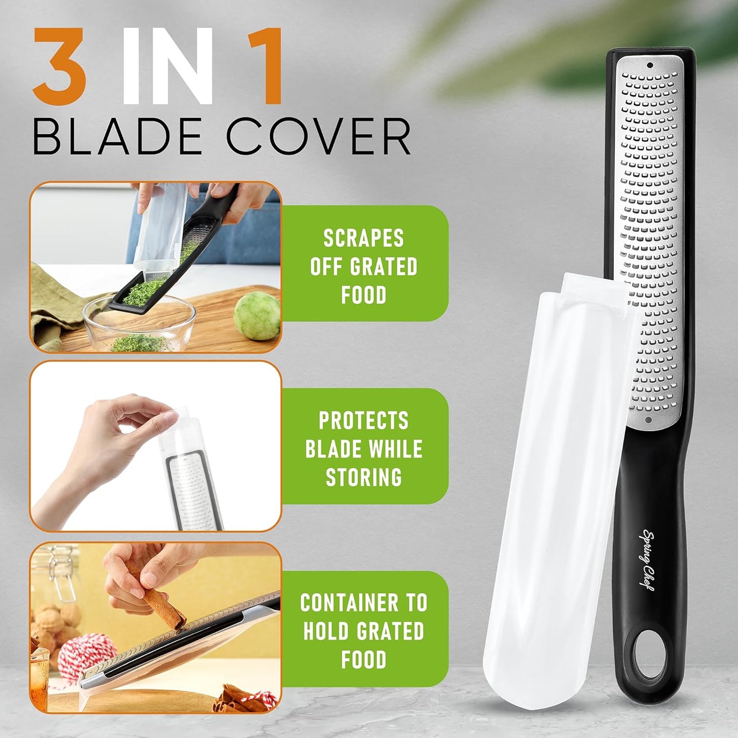 Spring Chef Premium Lemon Zester Grater with Handle - Fruits, Garlic, Chocolate, Nutmeg, Ginger Grater - Heavy Duty Kitchen Tool - Stainless Steel Citrus Zester with Blade Cover - Fine Shred, Black