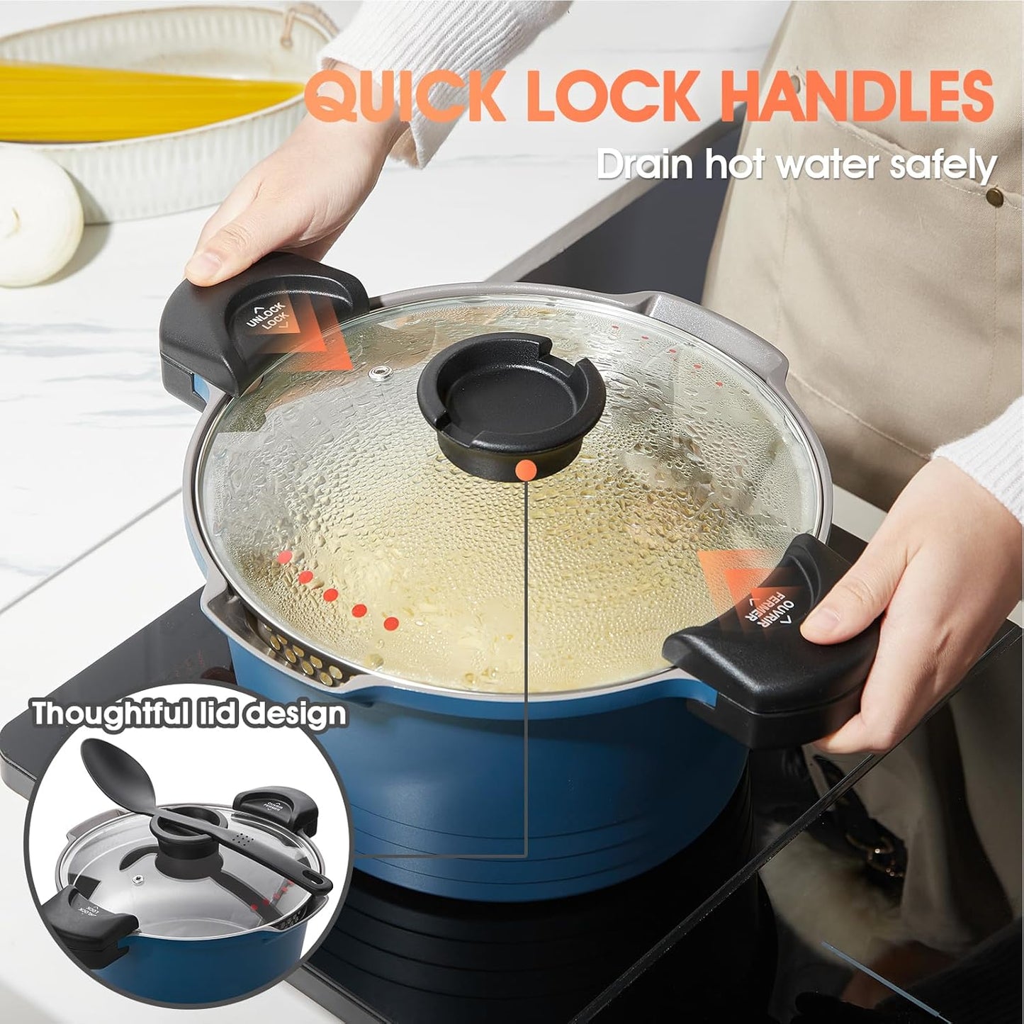 ACTIV CUISINE 5qt Pasta Pot with Strainer Lid, Cast Aluminum Stockpot Multipot, Nonstick Ceramic Coating make Cleanup easy with Tempered Glass Lid, Dishwasher Safe, Induction, Blue