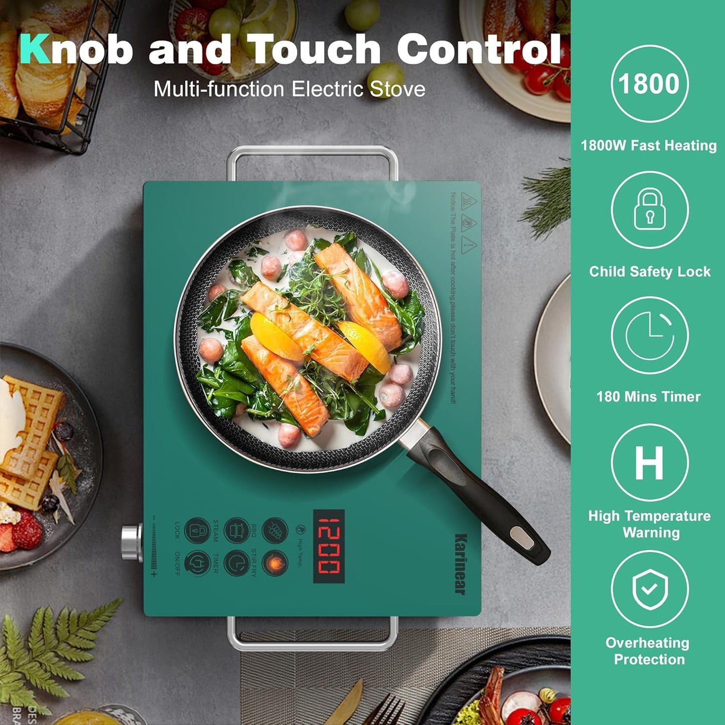 Karinear Portable Electric Stove 110V, 1800W Electric Hot Plate with Handle, Knob Control Single Burner Electri Cooktop, Ceramic Infrared Countertop Burner, Timer, Safety Lock(Green)