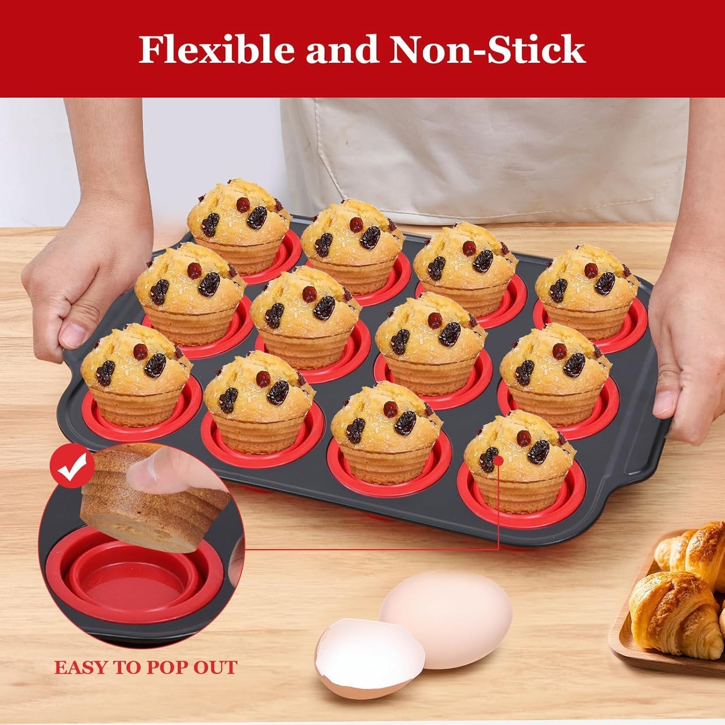 12 Cups Silicone Muffin Pans for Baking with Metal Frame, Egg Bite Molds, Cupcake Pans Regular Size, Muffin Tins Easy to Pop Nonstick Non Toxic Bakeware for Oven Dishwasher Safe