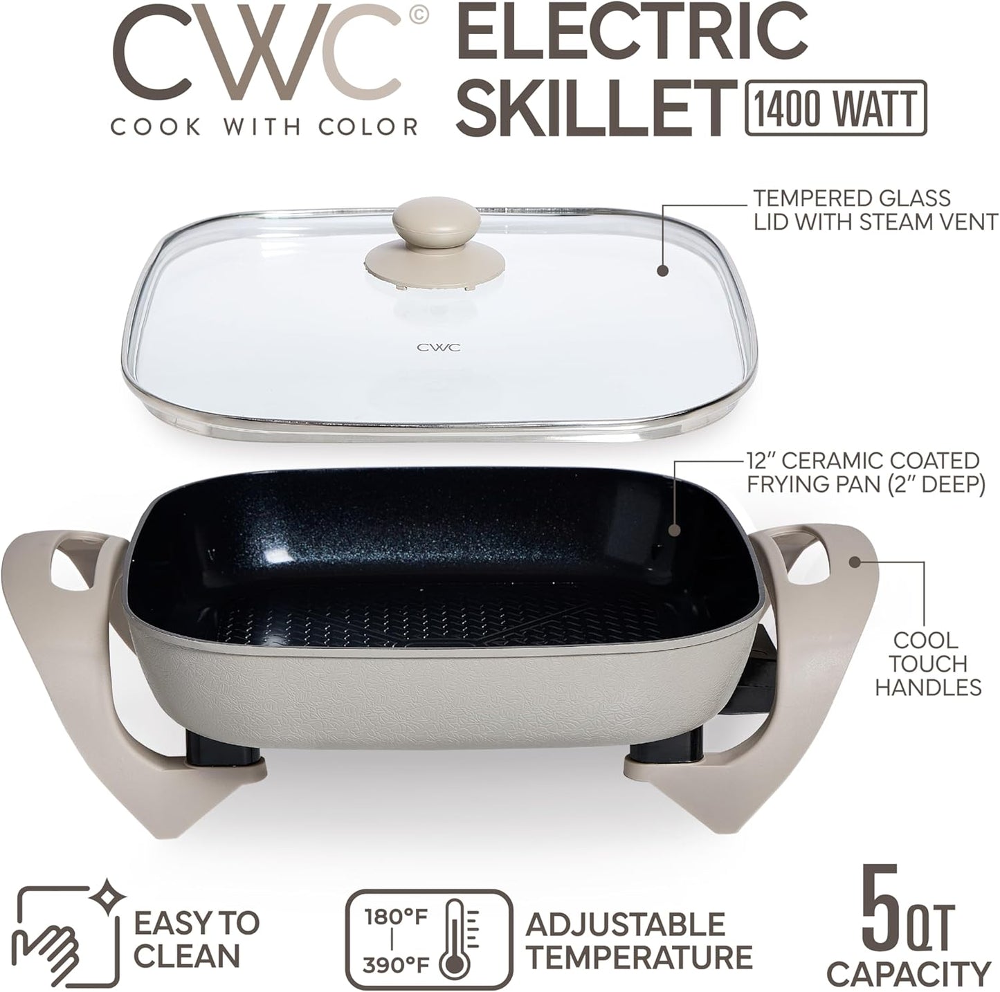 COOK WITH COLOR Electric Skillet - 12" x 12" Ceramic Nonstick Pan, PFAS-Free, 1400W, Tempered Glass Lid, Variable Temperature, Removable Heating Probe, Cool-Touch Handles, Sand
