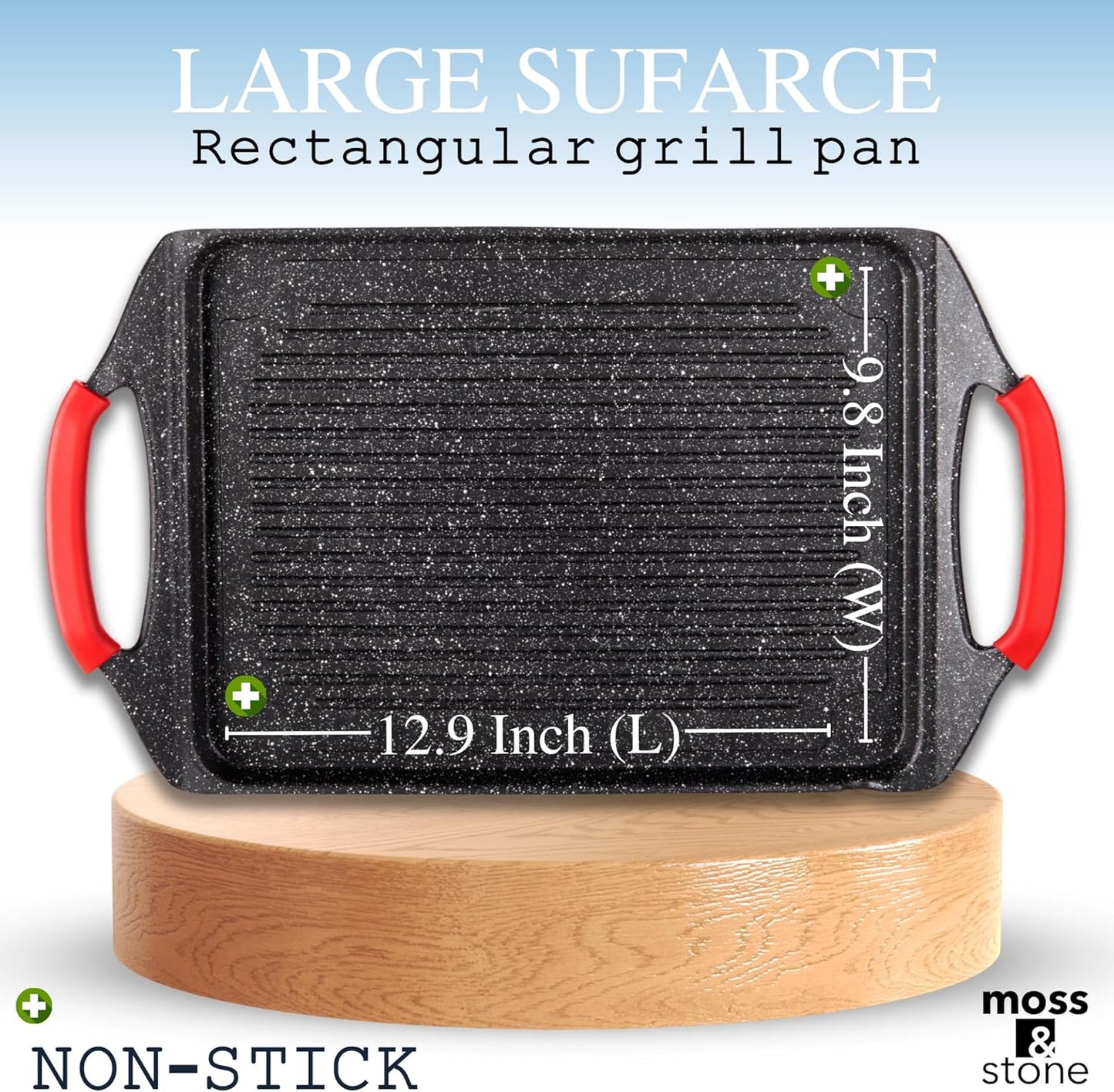 Moss & Stone Griddle Aluminum Bbq, 18x10.5 Rectangle Grill Pan for Indoor Cooking, Non-stick Flat Top Griddle Pan for Stove, For Fish Vegetables & As Steak Pan, StoveTop Induction Grill