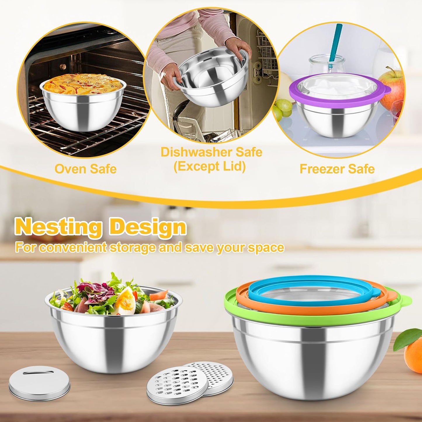 TeamFar Mixing Bowls, Stainless Steel Salad Serving Bowl with Clear Lids & 3 Graters, For Kitchen Cooking Prepping Storing, Size 4.6/2.6/1.5/1/0.7 QT, Nesting & Airtight, Set of 5 & Multicolor