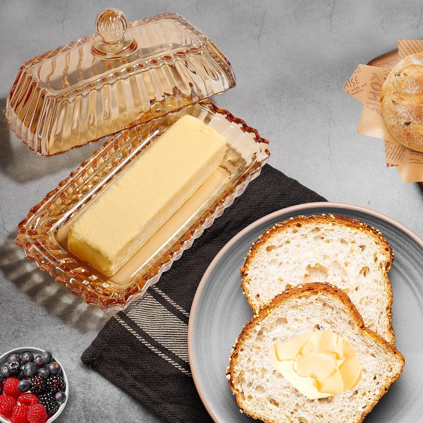 Glass Butter Dish with Cover for Countertop Amber Vintage Crystal Butter Dish with lid for Counter,Covered Glass Butter Holder Keeper Butter Tray for Refrigerator,Butter Container with 4oz Butter