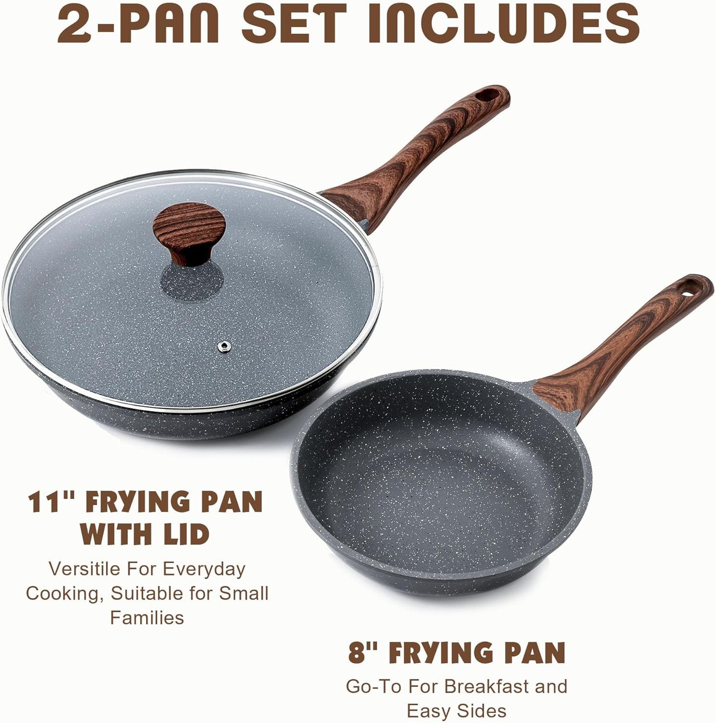 SENSARTE Nonstick Frying Pan Skillets, Swiss Granite Coating Omelette Pans, Healthy Cookware Chef's Pan, Free of Intentionally Added PFOA (8+11Inch with Lid)