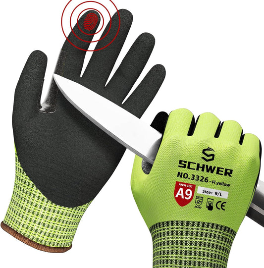 Schwer ProGuard Highest Level Cut Resistant Work Gloves PR3326 for Extreme Protection, ANSI A9 Working Gloves with Sandy Nitrile Coated, Touch-screen, Durable, Washable, Non PFAS, Yellow 1 Pair L