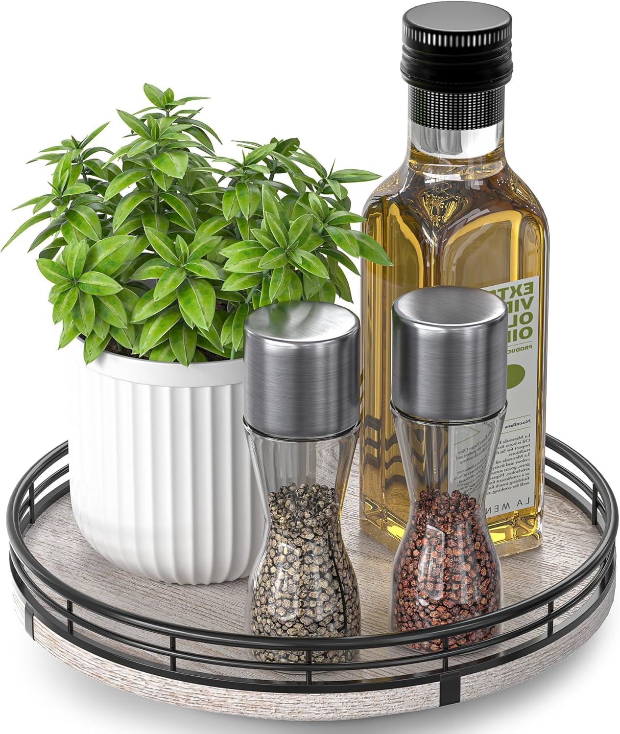 9" Wooden Lazy Susan Organizer for Cabinet, Turntable Round Decorative Tray for Kitchen Sink, Countertop Organizer, Bathroom Counter Organizer for Skincare Makeup, Rustic White