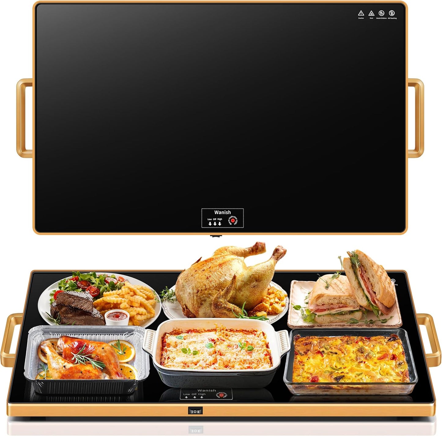 Electric Warming Tray (XXL 32”x18”)，Food Warmers for Parties Buffet with Thermostat & Full Surface Heating, Tempered Glass Warming Mat for Food, Temperature Adjustable Gold Handles Food Warming Mat