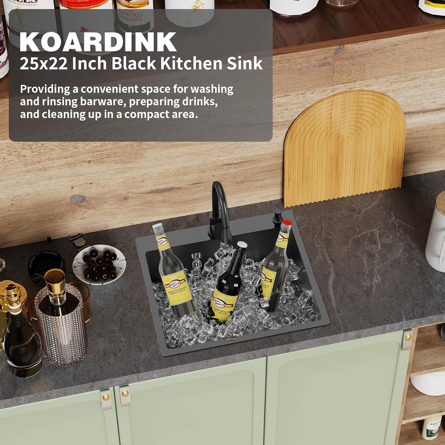 Black Kitchen And Bar Sink, 25x22 Inch Stainless Steel Drop In Kitchen Sink Modern Single Bowl Topmount Bar Sink Combo-Silicon Mat,Drain Strainer Set Compatibility With Various Kitchen & Bar Style