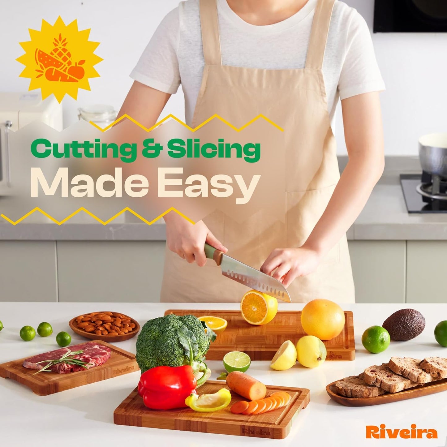 Riveira Bamboo End Grain Wood Cutting Board – Gourmet Bamboo Grandeur: 18 x 12 Wooden Cutting Board – Wooden Cutting Boards For Kitchen Decorative – Innovative Juice Grooves