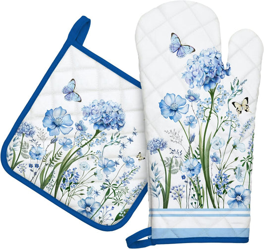 Blue Floral Oven Mitts and Pot Holders Sets 2Pcs, 100% Cotton Heat Resistant, Extra Long Oven Gloves Potholder for Kitchen Cooking Baking Decoration