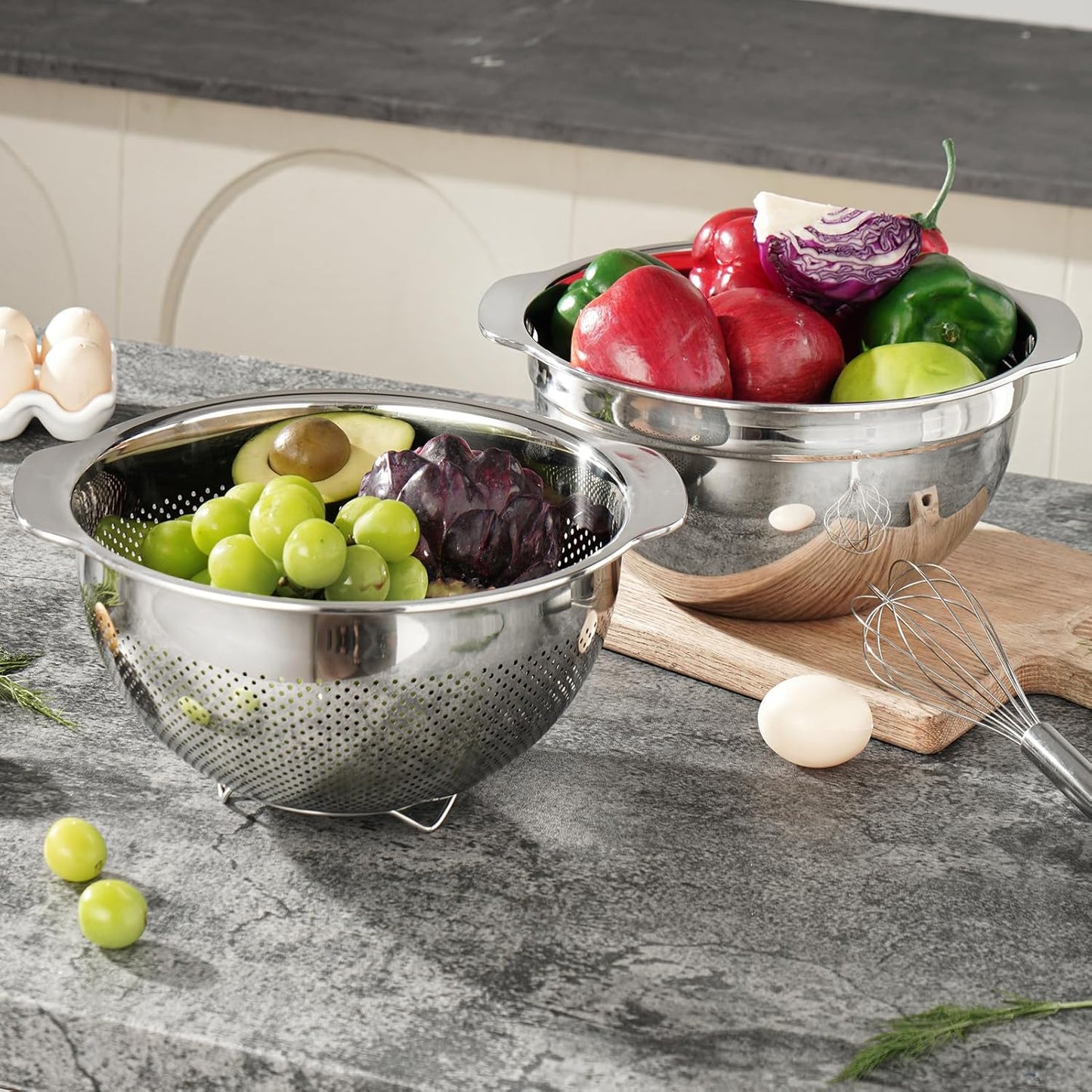 18/8 Stainless Steel Microwell Colander, 5QT Large Capacity with Handle Kitchen Food Strainer Basket for Washing Vegetables, Fruits, Rice, and Pasta (primary colour, 5QTColander+5QT Mixing bowl)