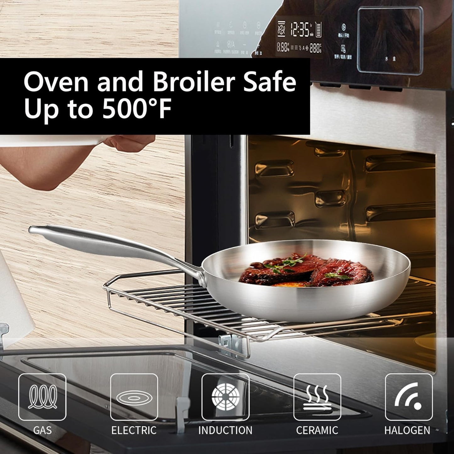 LOLYKITCH 12 Inch Tri-Ply Stainless Steel Frying Pan,Skillet,Induction Cooking Pan,Dishwasher and Oven Safe,Heavy Duty and Detachable Handle.