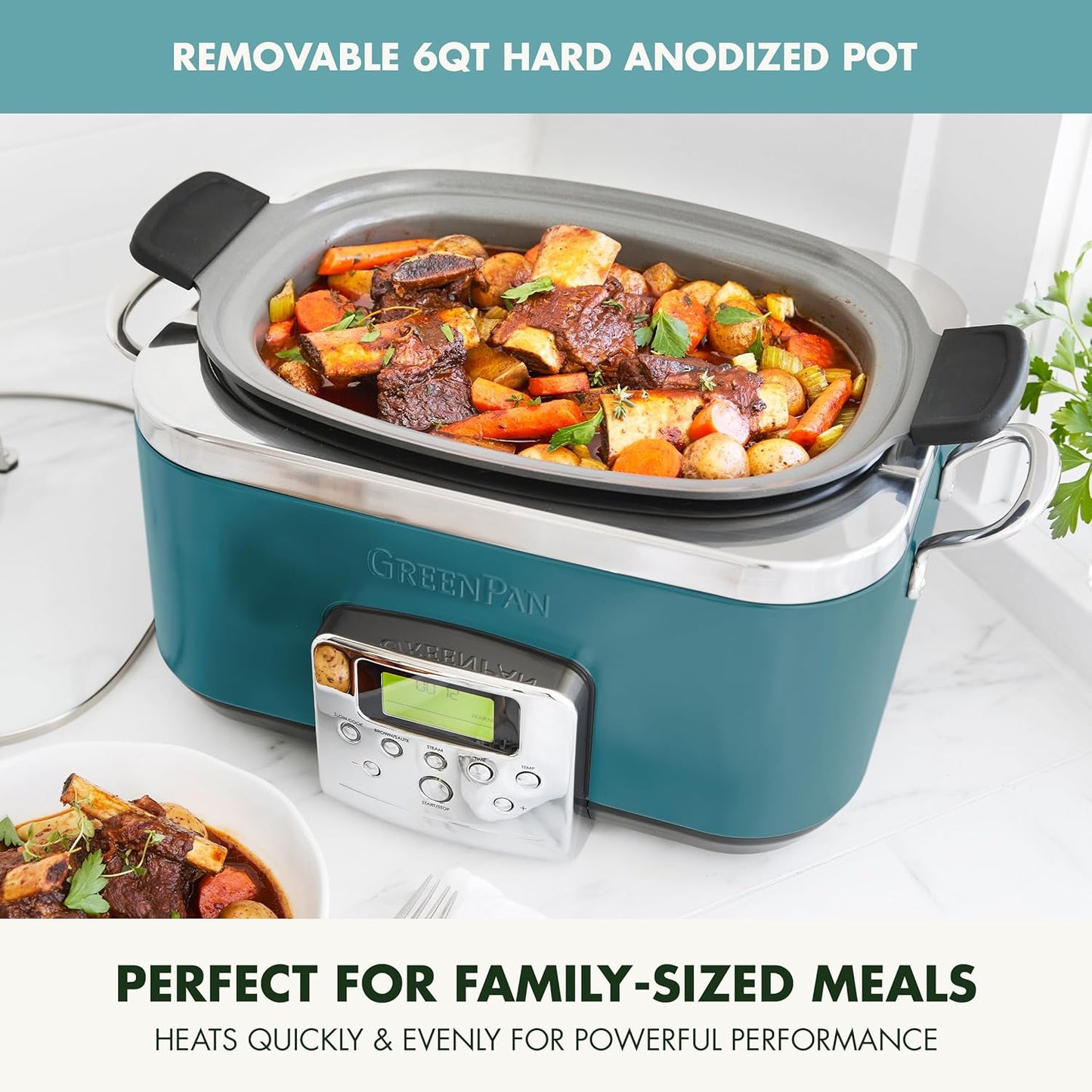 GreenPan Elite 8-in-1 Programmable 6QT Electric Slow Cooker, Dishwasher Safe Lid & Removable Crock, PFAS-Free Healthy Ceramic Nonstick Multi-Cooker, Sear, Sauté,Brown, Steam Basket, Roast, Deep Teal