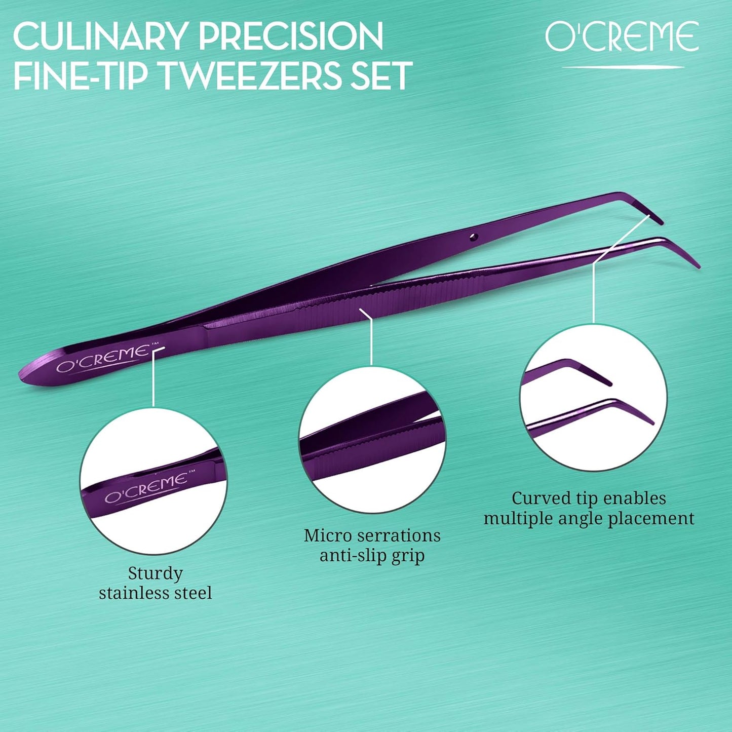 O'Creme Curved Tweezers 6.25 Inch Fine-Point Stainless Steel, Purple