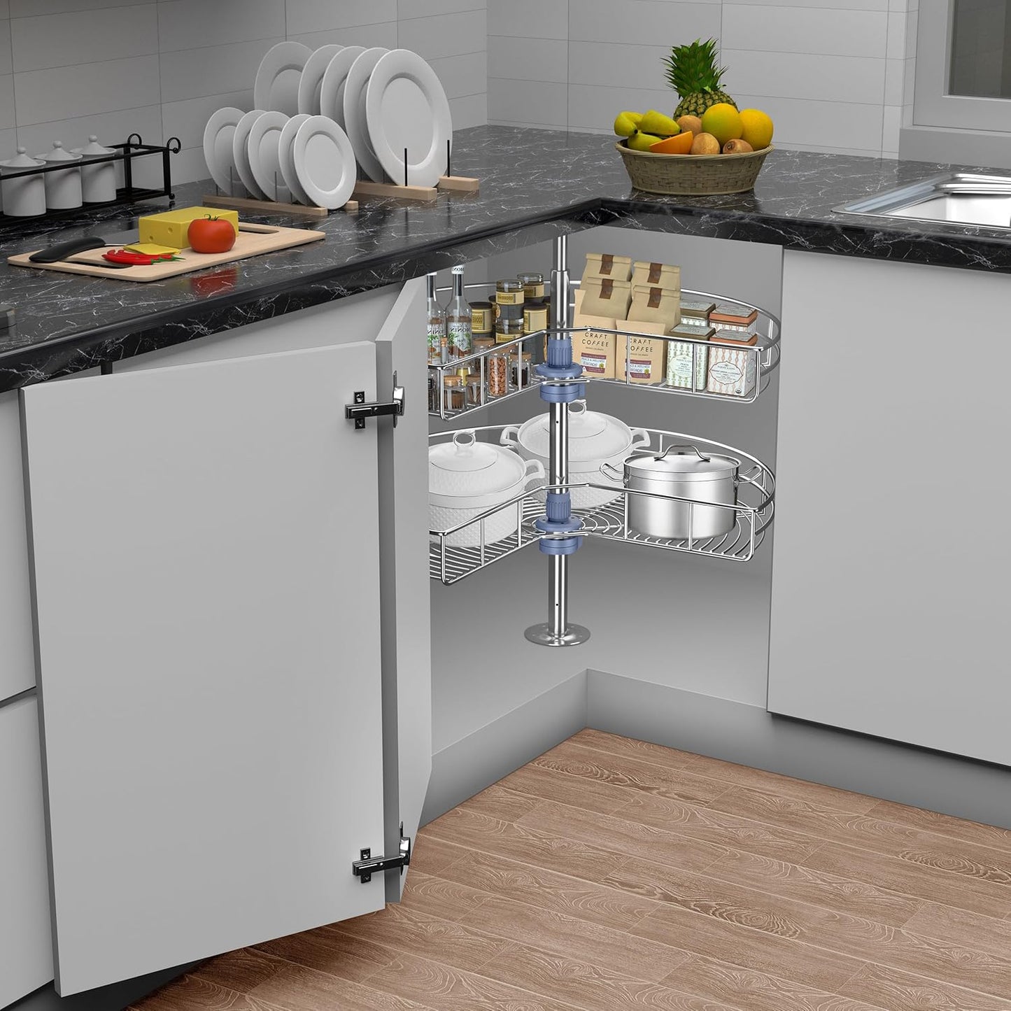 28" Corner Cabinet Lazy Susan Turntable, 270° Adjustable Height Chrome Replacement Shelves for Kitchen Corner Cabinet