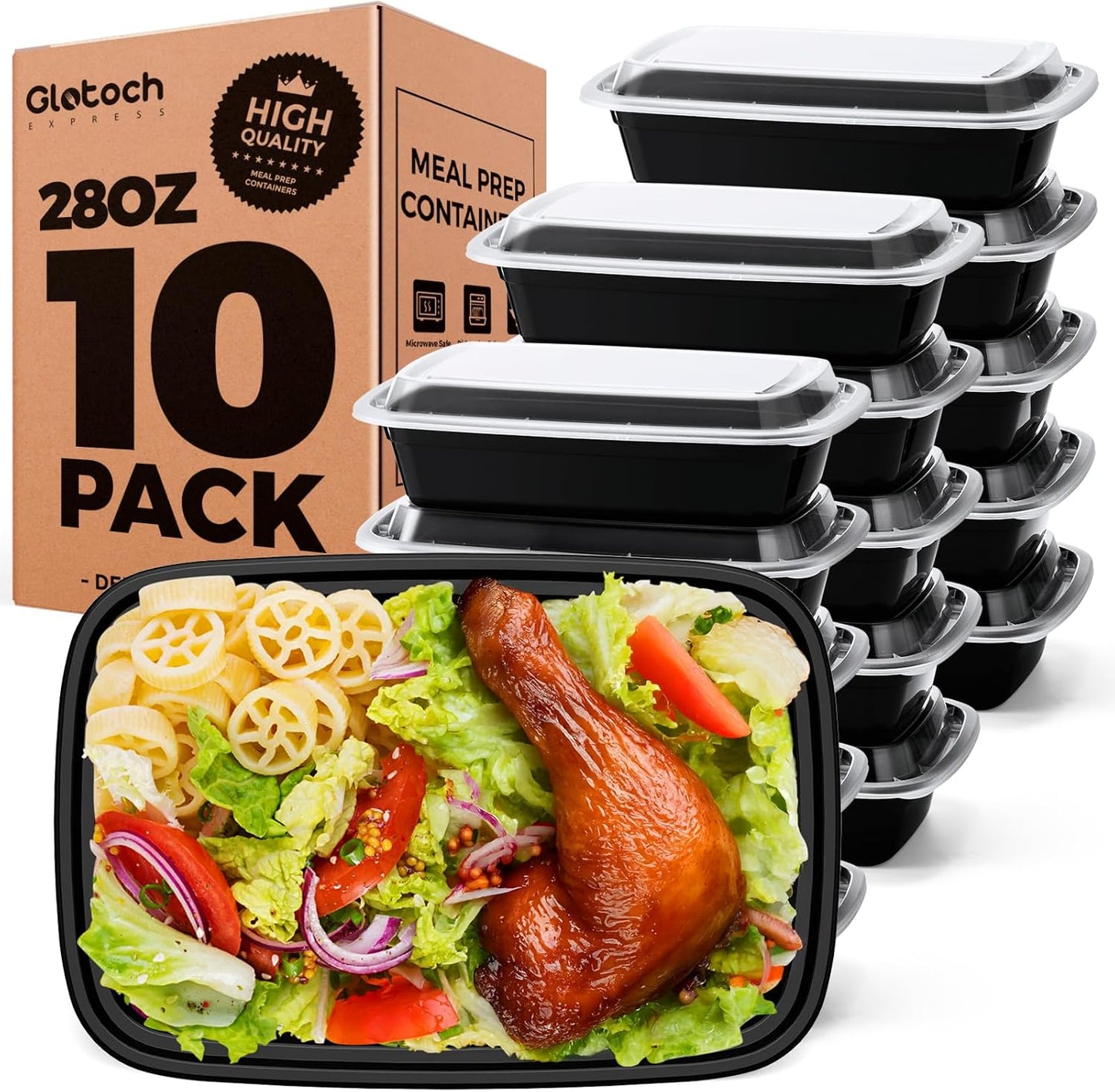 Glotoch 28oz Meal Prep Containers, 10 Pack (20-Piece) Reusable Food Storage Containers with Lids Microwave, Freezer, Dishwasher Safe - Leakproof & BPA Free Durable Plastic Lunch Box To Go Take Out