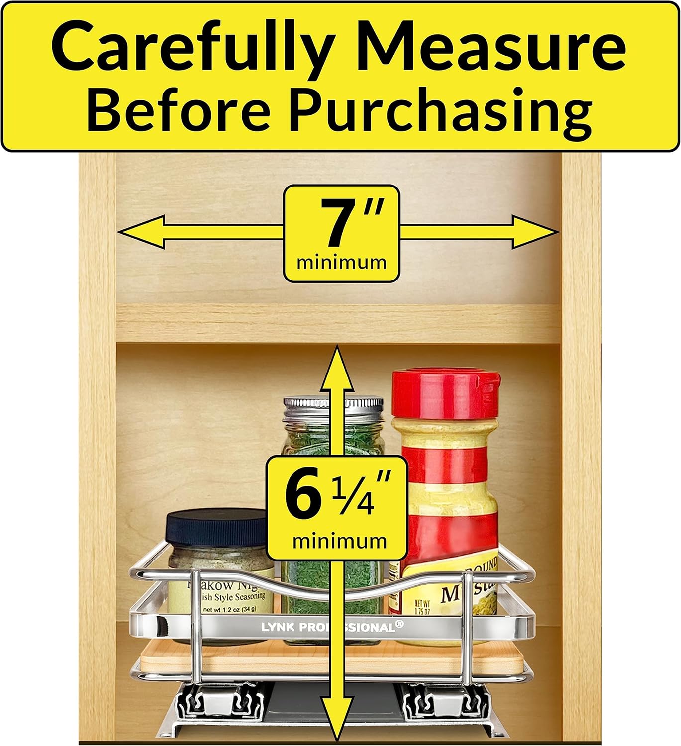 LYNK PROFESSIONAL® Élite™ Pull Out Spice Rack Organizer for Inside Kitchen Cabinets - 6-1/4 inch Wide - Slide Out Drawer – Wood/Chrome Sliding Spice Cabinet Organization Shelf Racks - 1 Tier