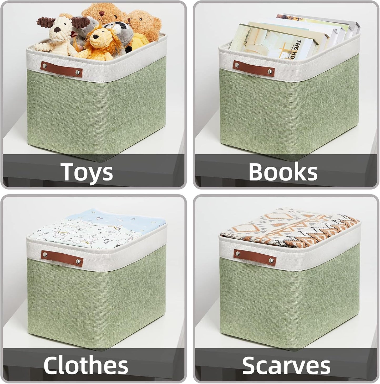 HNZIGE Large Fabric Storage Baskets with Leather Handles, Decorative Foldable Baskets for Organizing Closet & Home (Green, 16" x 11.8" x 11.8" - 2 Pack)