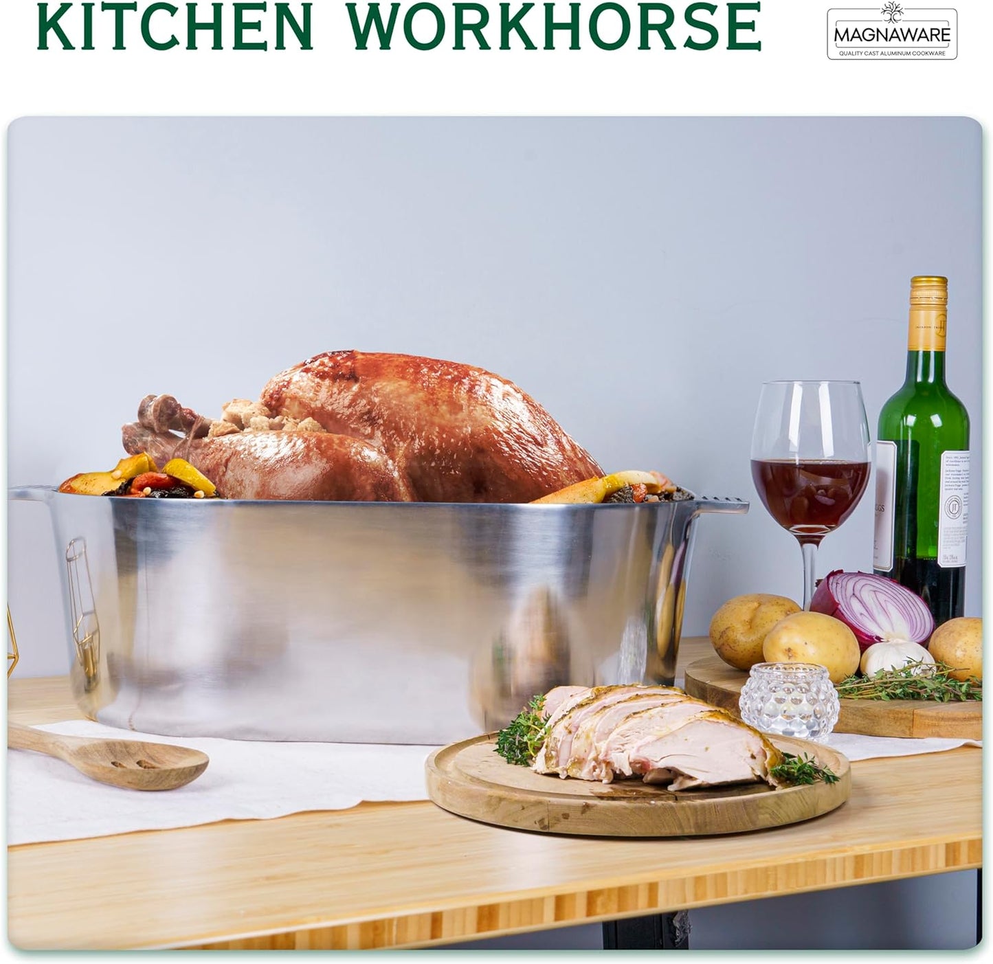 Cast Aluminum Oval Dutch Oven with Lid — 12.6 QT Heavy Duty Roaster Pan with Rack & Silicone Cover Dual Handles — Cajun Cookware for Roasting, Baking, Cooking (18" X-Large)