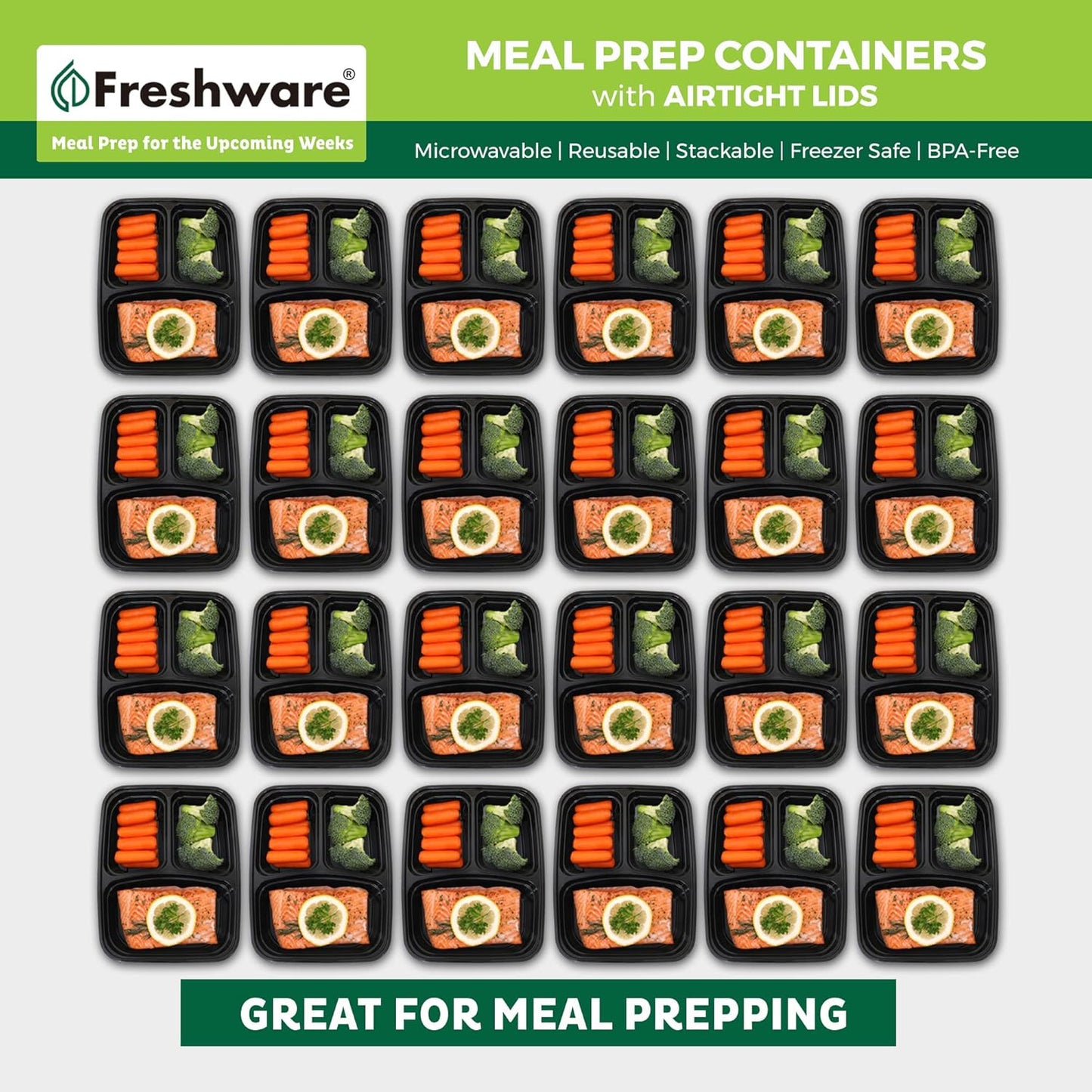 Freshware Meal Prep Containers 21 Count (Pack of 1), 3 Compartment with Lids, Food Storage Containers, Bento Box, Stackable, Microwave/Dishwasher/Freezer Safe (24 oz)