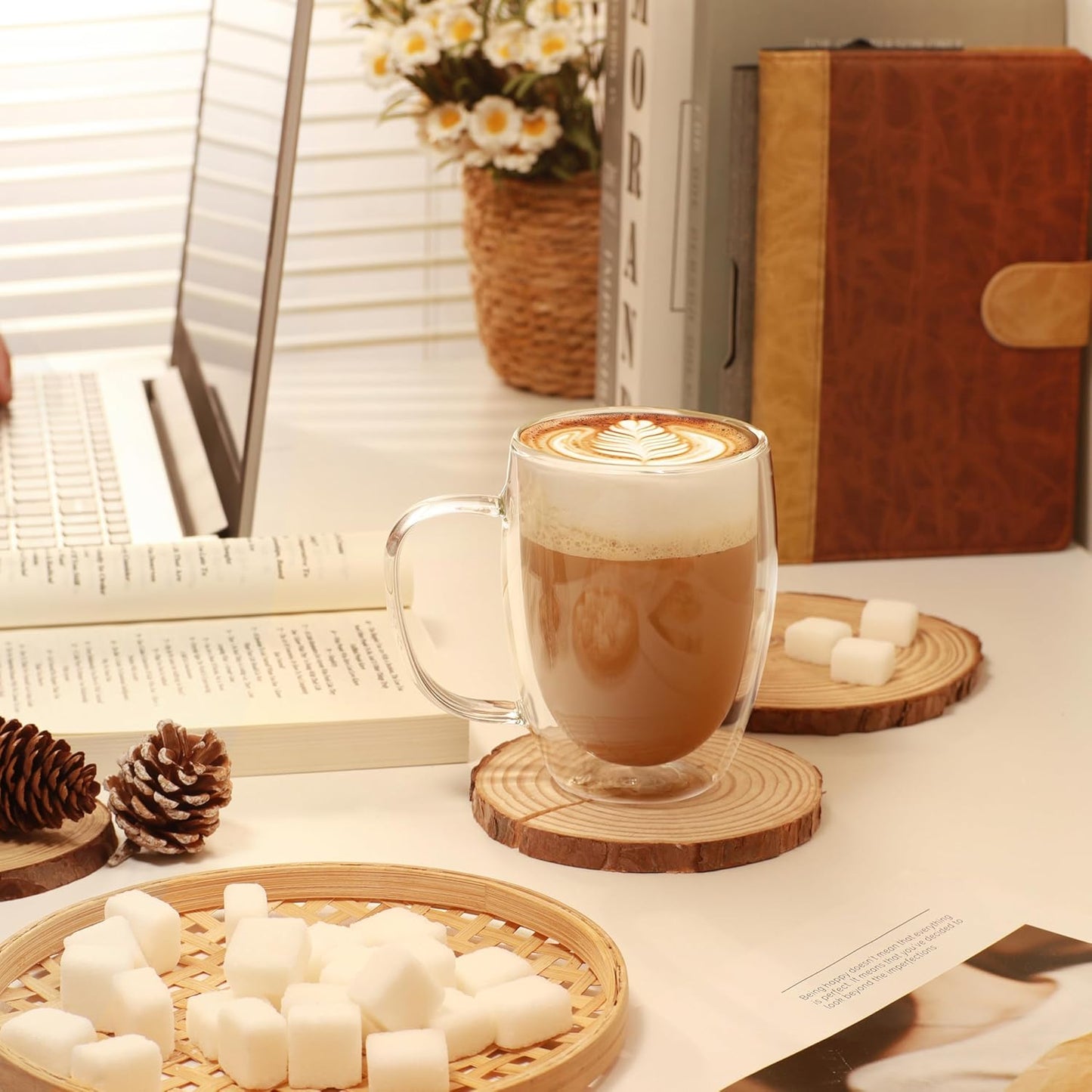 CNGLASS 12oz Double Walled Glass Coffee Mugs(4-pack),Insulated Glass Mugs with Handle,Clear Espresso Cups for Latte,Cappuccino,Tea Bag