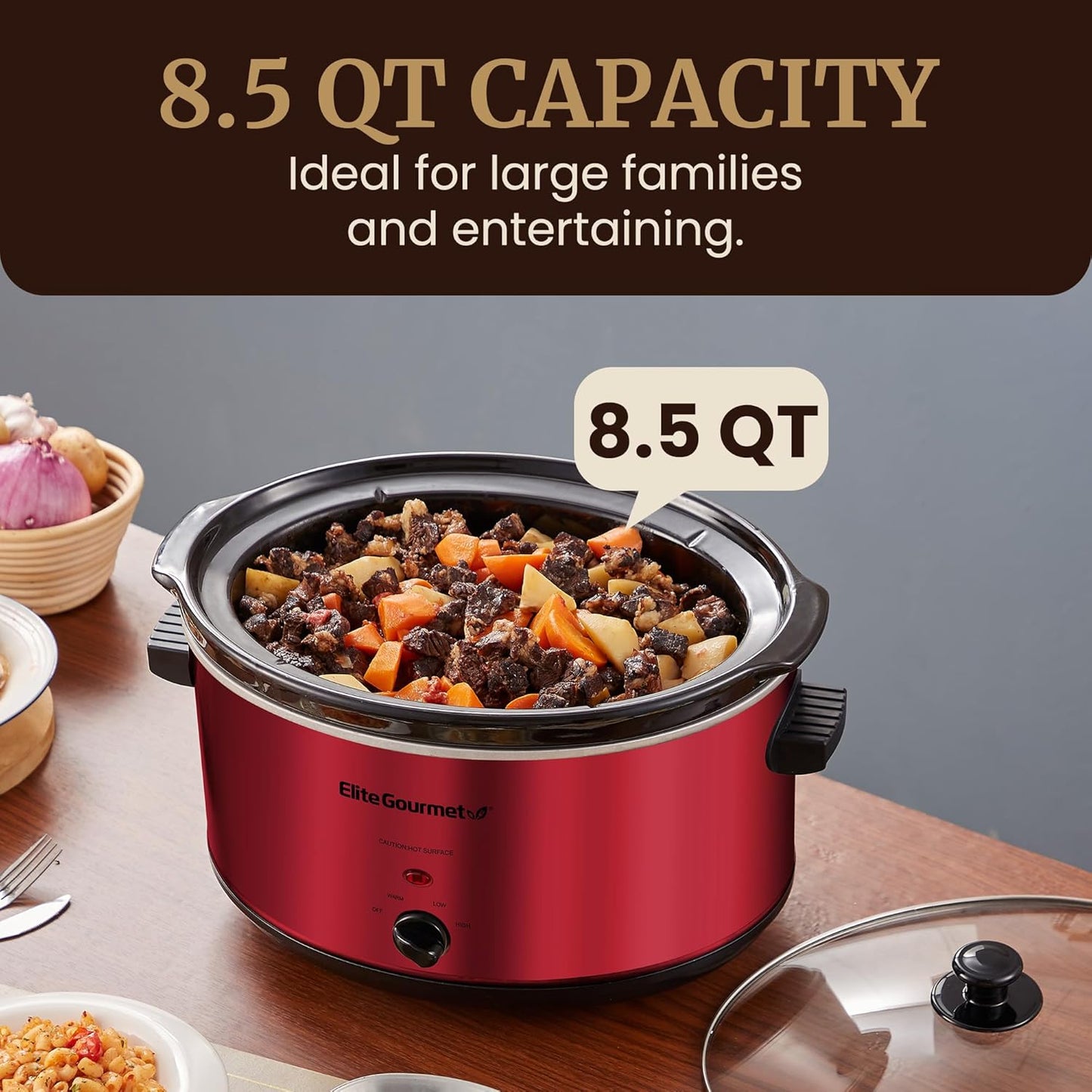 Elite Gourmet MST-900RXT# Electric Ceramic XL Jumbo Slow Cooker, Adjustable Temp, Entrees, Sauces, Stews & Dips, Dishwasher Safe Glass Lid & Crock, 8.5Qt, MetallicRed