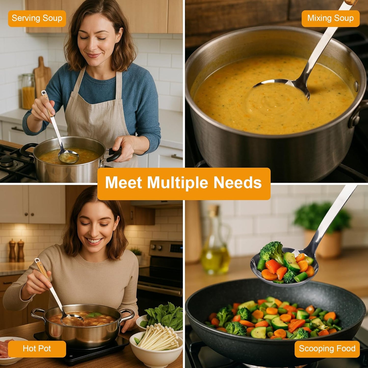 FJNATINH Stainless Steel Soup Ladle, Large Metal Ladel Spoon for Serving, Cooking, Wok, Soup, Heat-proof Wooden Handle, Heavy Duty Wok Tool 13.7 Inches