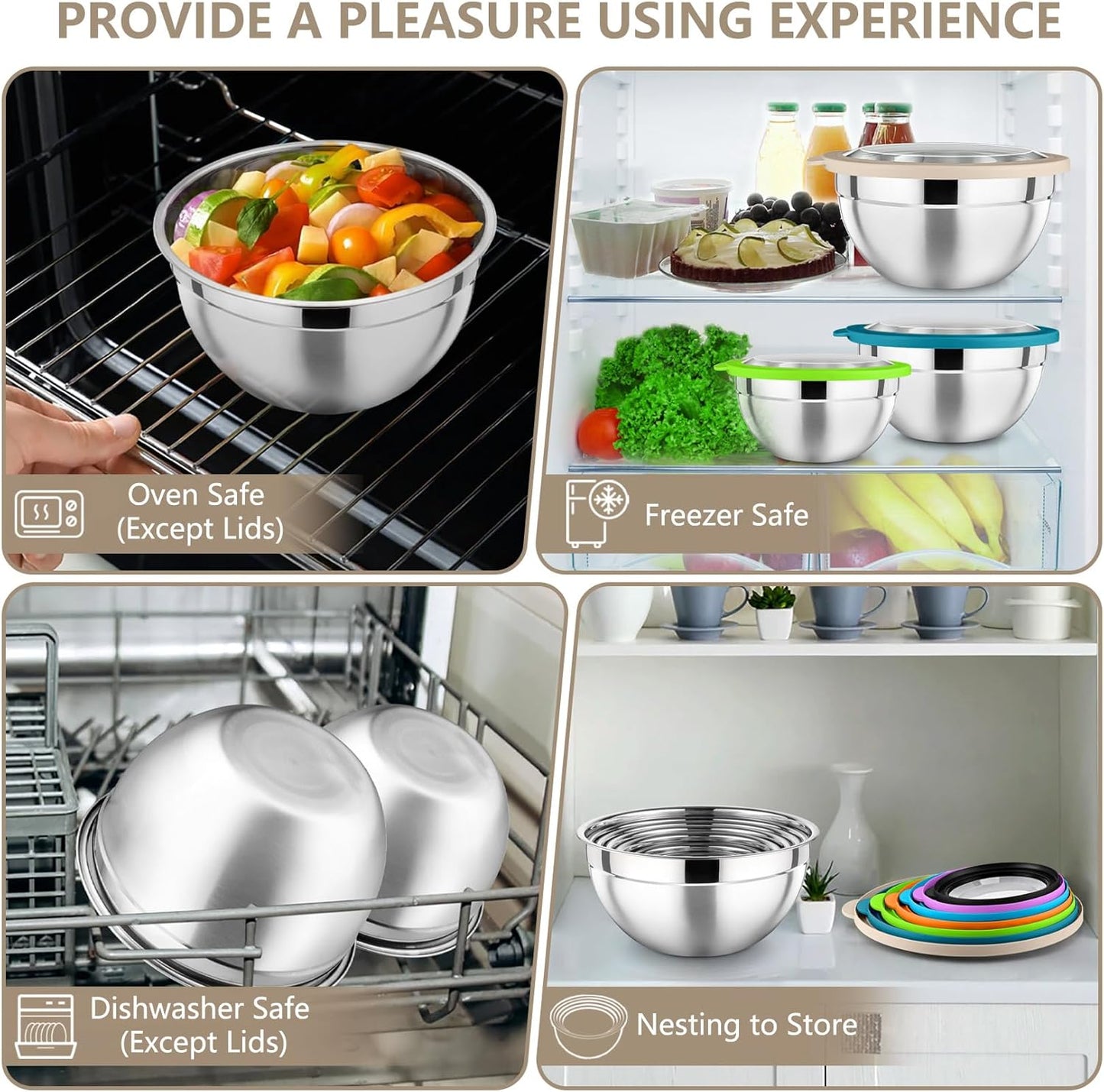 P&P CHEF Mixing Bowl with Lid Set of 7, Stainless Steel Nesting Salad Bowls for Cooking Serving Prepping, Clear Lids & Stackable Design, Size 4.6, 3.5, 3, 2, 1.5, 1, 0.7 Qt - Multicolor