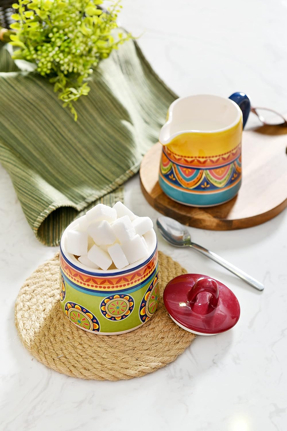 Bico Tunisian Ceramic Sugar and Creamer Set, Sugar Bowl with Lid, Cute Container for Coffee Bar, Kitchen Countertop Accessories, Microwave and Dishwasher Safe