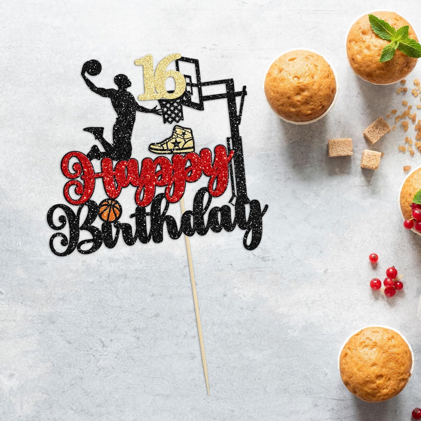 1Pc Cheers to 16 Years Birthday Cake Topper Glitter Hello 16 Sweet 16 Cake Pick Sixteen Years Old Birthday Cake Decoration for 16th Basketball Sports Party Supplies Black