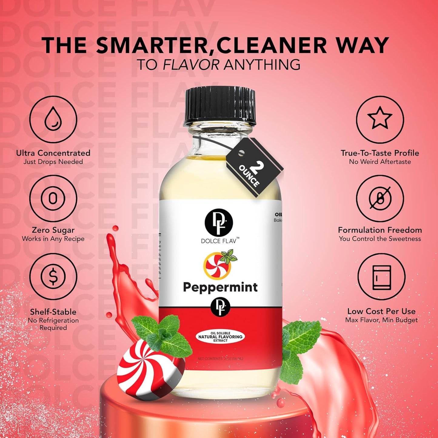 Dolce Flav Natural Peppermint Extract – 2 Ounce Oil-Soluble Kosher, Sugar-Free, Concentrated Pure Mint Flavor for Hard Candy, Chocolates & Baking, Includes Measured Dropper