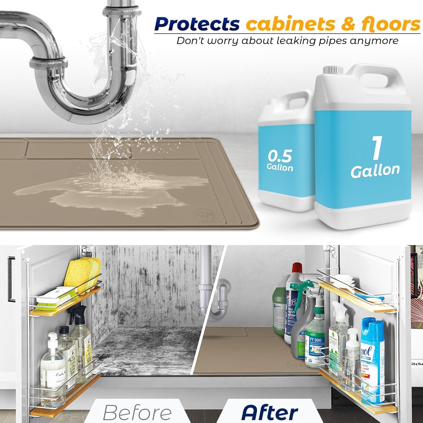 The Original Under Sink Mat - Adjustable Silicone mat, Waterproof Under The Sink Bathroom Vanity Mat - 28" x 19" or smaller