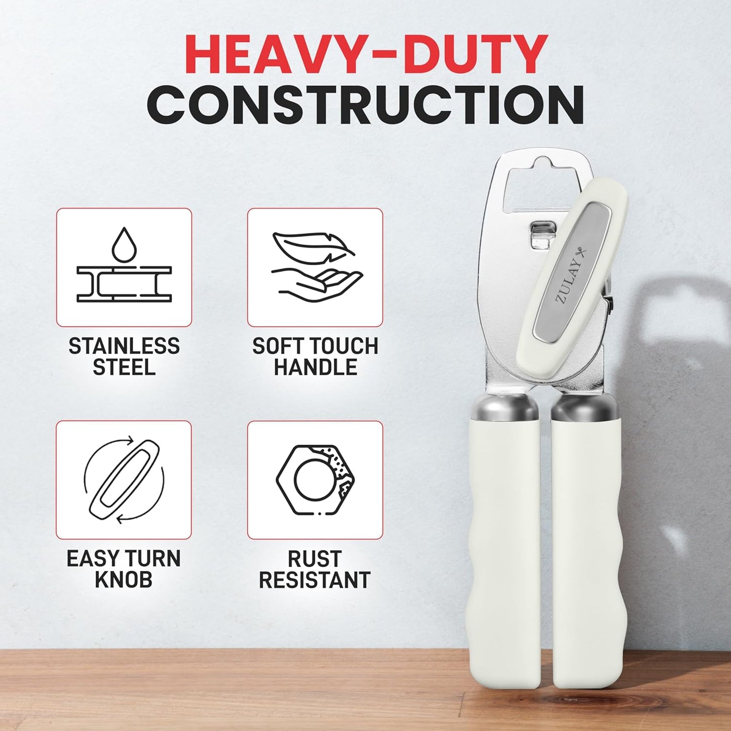 Zulay Kitchen Heavy Duty Stainless Steel Can Opener Manual with Bottle Opener - Rust Proof Manual Can Opener With Turn Knob & Soft Grip Handles